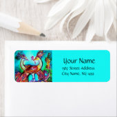 PEACOCKS IN LOVE, rode blauwe turquase groen Etiket (Insitu)