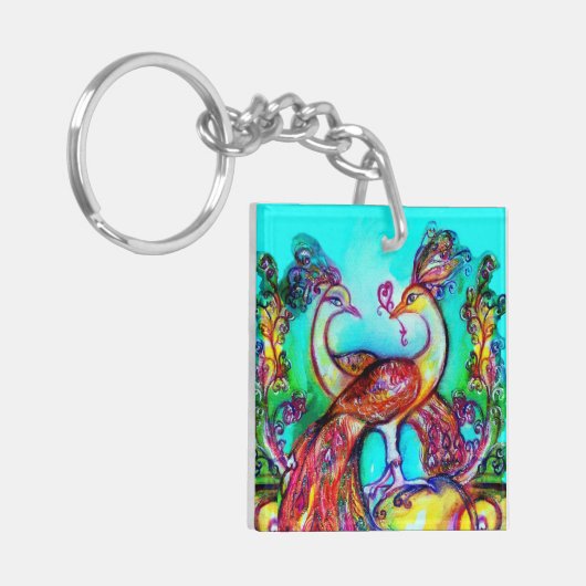 PEACOCKS IN LOVE rood blauwgroen blauw groen Sleutelhanger (Voorkant Links)