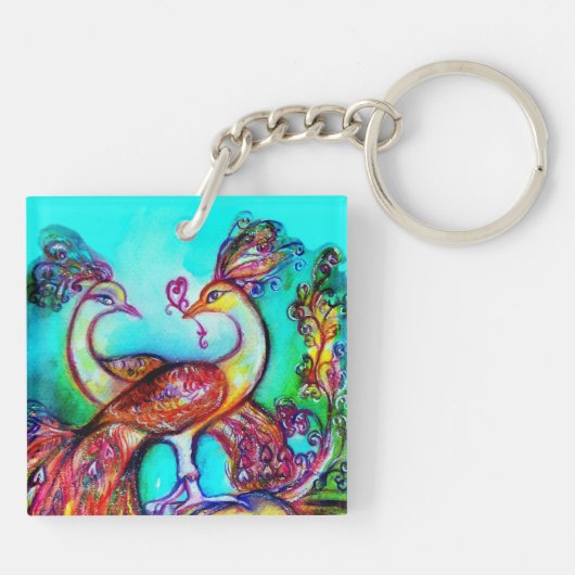 PEACOCKS IN LOVE rood blauwgroen blauw groen Sleutelhanger (Achterkant)