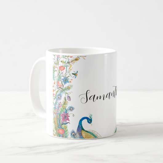 Peacocks lijst met waterverf koffiemok (Voorkant links)