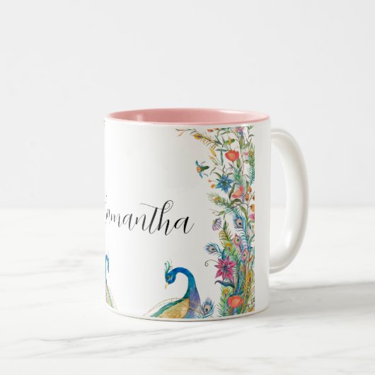 Peacocks lijst met waterverf tweekleurige koffiemok (Voorkant rechts)