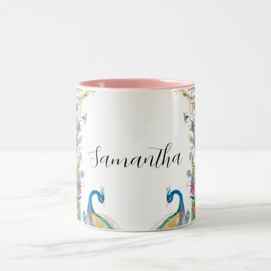 Peacocks lijst met waterverf tweekleurige koffiemok (Center)