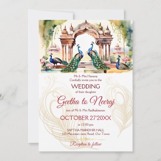 Peacocks lotus tuin Indiase bruiloft sjabloon Kaart (Voorkant)
