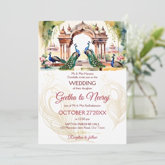 Peacocks lotus tuin Indiase bruiloft sjabloon Kaart (Staand voorkant)