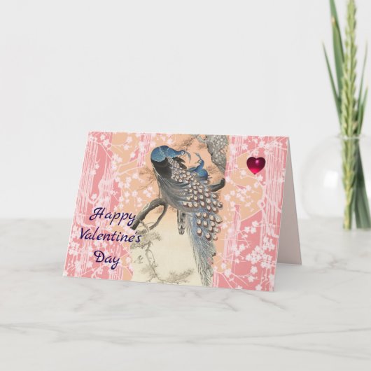 PEACOCKS,PINK SAKURA FLOWERS Floral Valentine Day Feestdagen Kaart (Voorkant)