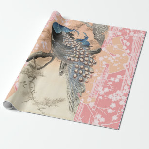 PEACOCKS, PINK WHITE SAKURA FLOWERS Japanse Floral Cadeaupapier