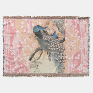 PEACOCKS, PINK WHITE SAKURA FLOWERS Japanse Floral Deken