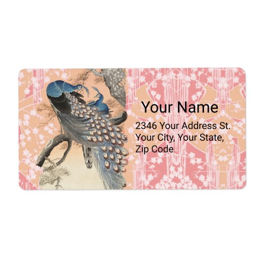 PEACOCKS, PINK WHITE SAKURA FLOWERS Japanse Floral Etiket (Voorkant)