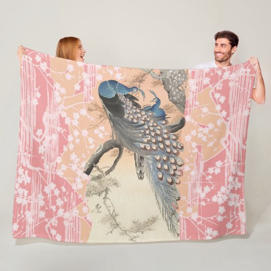 PEACOCKS, PINK WHITE SAKURA FLOWERS Japanse Floral Fleece Deken (In situ)