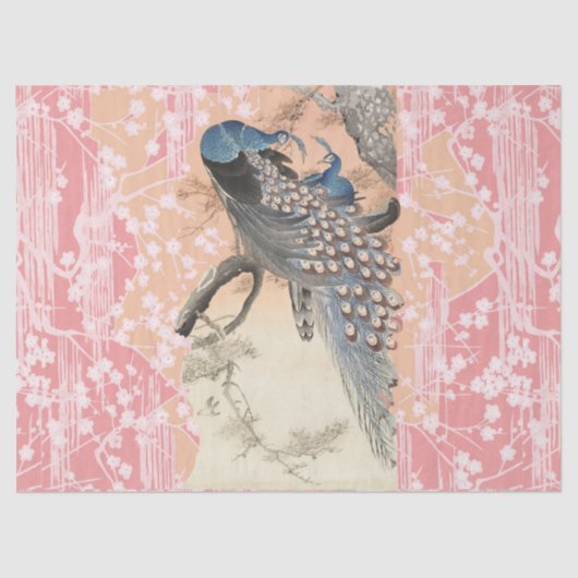 PEACOCKS, PINK WHITE SAKURA FLOWERS Japanse Floral Tissuepapier (Voorkant)