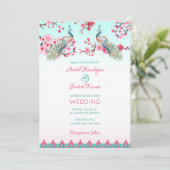 Peacocks roze blossom roze en blauw kaart (Staand voorkant)