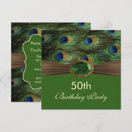 Peacock's veren, gemstone effect 50th Birthday  Kaart (Voorkant / Achterkant)