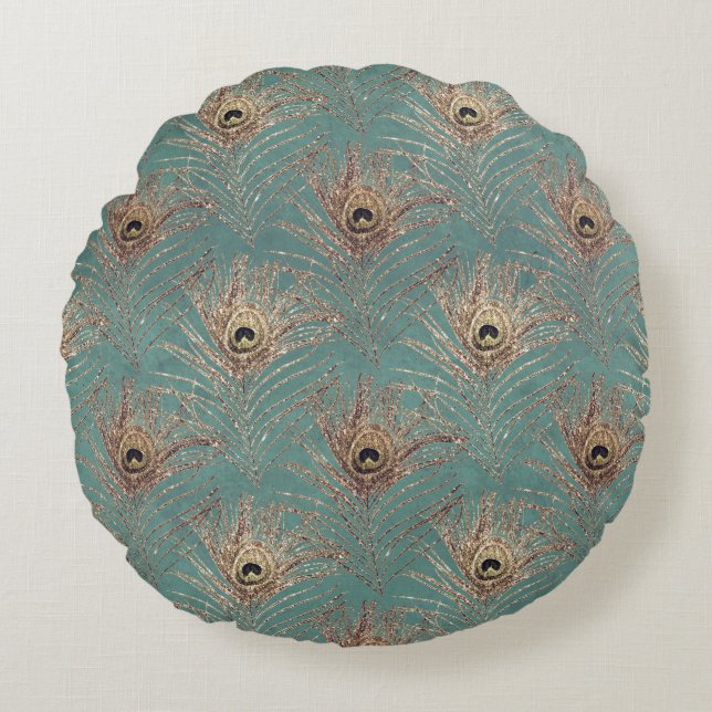 Peacockveren  patroon blauwgroen goudelegant rond kussen (Voorkant)