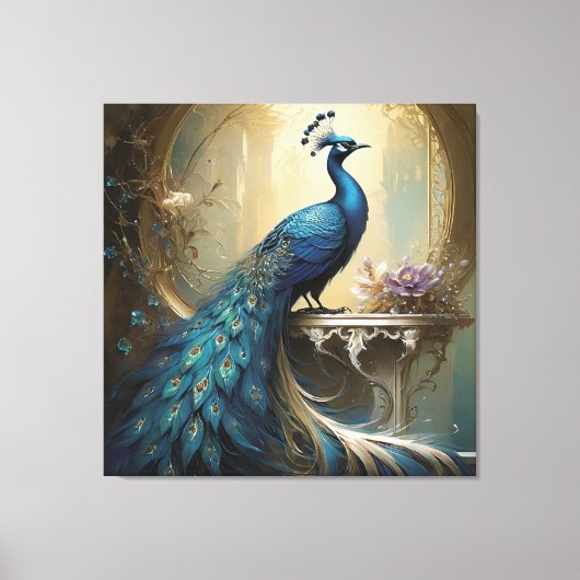Peacook en bloemen gestrekte canvas Print (Voorkant)