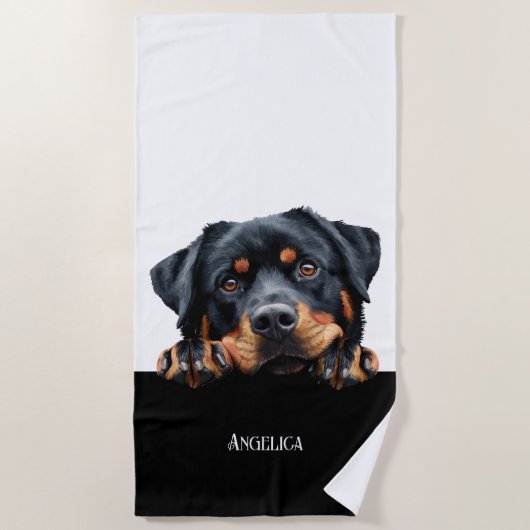 Peaking rottweiler hond grappig schattig hond eige strandlaken (Voorkant)