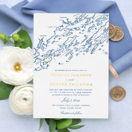 Peaks Island Maine Trouw Elegante Navy en Goud Folie Uitnodiging