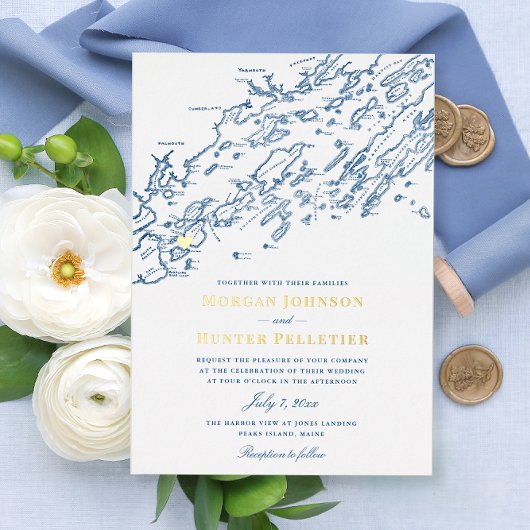 Peaks Island Maine Wedding Elegant Navy and Gold Folie Uitnodiging