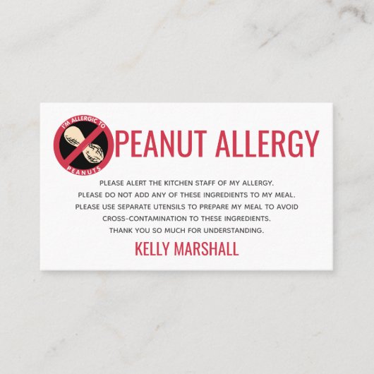 Peanut Allergy Alert Restaurantkaart Visitekaartje (Voorkant)