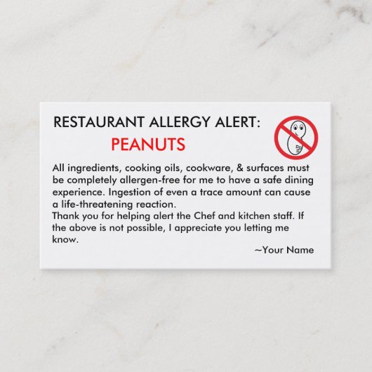 Peanut Allergy Restaurant & ICE Card Contactkaartje (Voorkant)