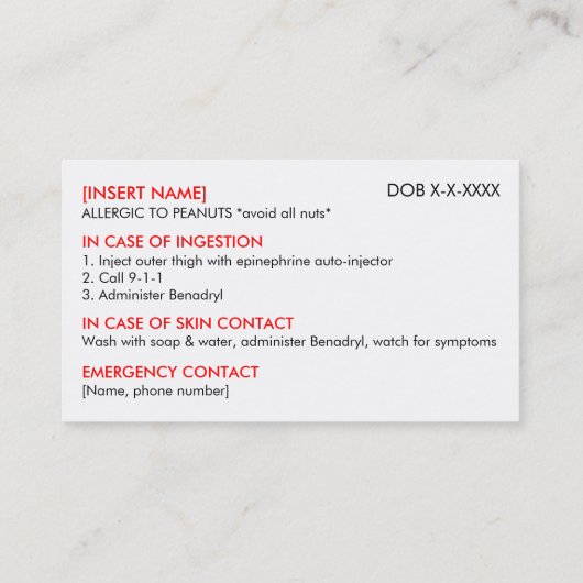 Peanut Allergy Restaurant & ICE Card - F/BSF Visitekaartje (Achterkant)