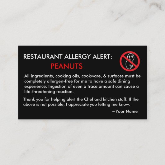 Peanut Allergy Restaurant & ICE Card - F/BSF Visitekaartje (Voorkant)