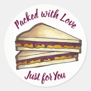 Peanut Butter Sandwich, verpakt met Love Lunch PBJ Ronde Sticker
