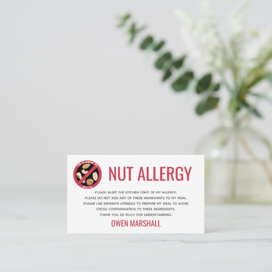 Peanut Tree Nut Allergy Alert Restaurant Card Visitekaartje (Staand voorkant)