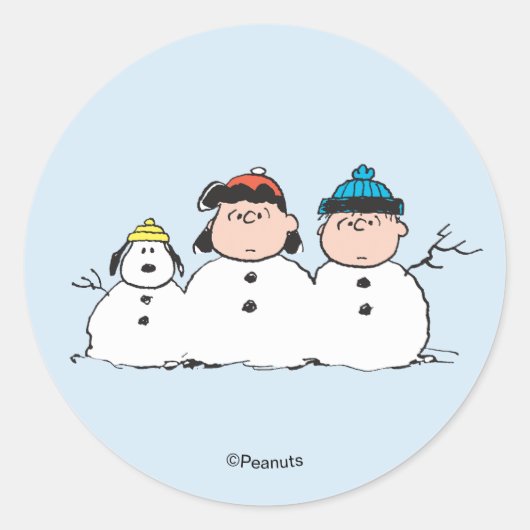 Peanuts | 3 Persoon Sneeuwman Ronde Sticker (Voorkant)