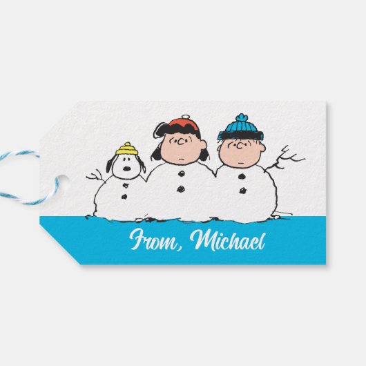 Peanuts | 3 persoons sneeuwman cadeaulabel (Achterkant Horizontaal)