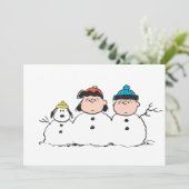 Peanuts | 3 persoons sneeuwman feestdagenkaart (Staand voorkant)