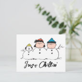 Peanuts | 3 persoons sneeuwman feestdagenkaart (Staand voorkant)