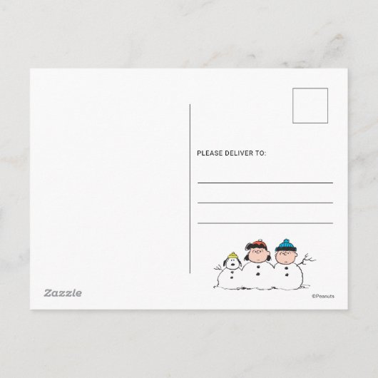 Peanuts | 3 persoons sneeuwman feestdagenkaart (Achterkant)
