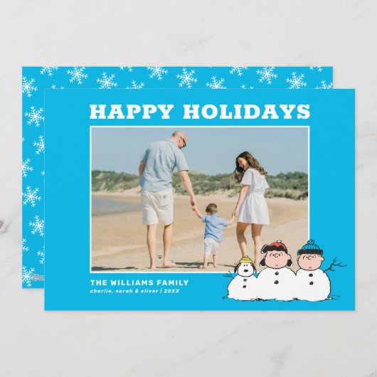 Peanuts | 3 persoons sneeuwman feestdagenkaart (Voorkant / Achterkant)