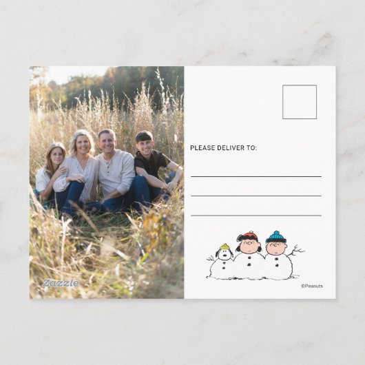 Peanuts | 3 persoons sneeuwman feestdagenkaart (Achterkant)