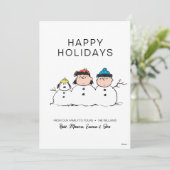 Peanuts | 3 persoons sneeuwman feestdagenkaart (Staand voorkant)