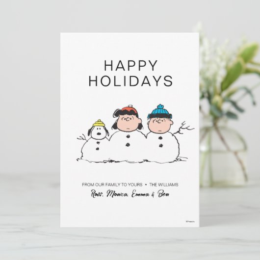 Peanuts | 3 persoons sneeuwman feestdagenkaart (Staand voorkant)