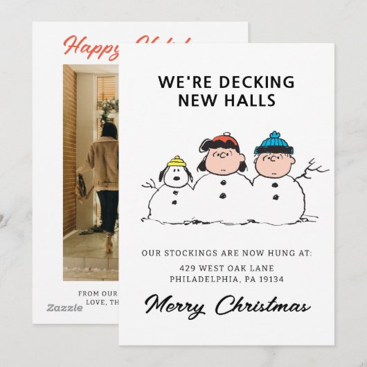 Peanuts | 3 persoons sneeuwman feestdagenkaart (Voorkant / Achterkant)