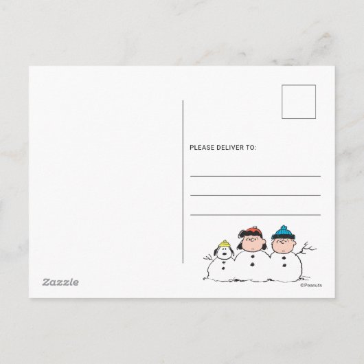 Peanuts | 3 persoons sneeuwman feestdagenkaart (Achterkant)