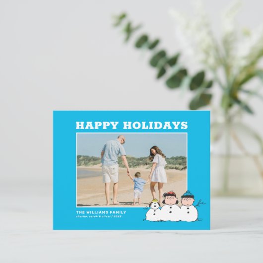 Peanuts | 3 persoons sneeuwman feestdagenkaart (Staand voorkant)