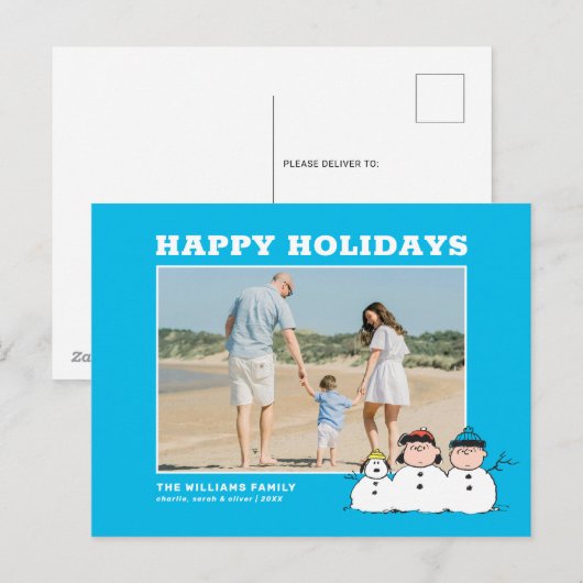Peanuts | 3 persoons sneeuwman feestdagenkaart (Voorkant / Achterkant)