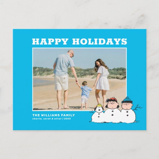 Peanuts | 3 persoons sneeuwman feestdagenkaart (Voorkant)