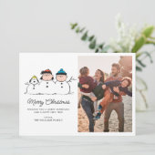 Peanuts | 3 persoons sneeuwman feestdagenkaart (Staand voorkant)