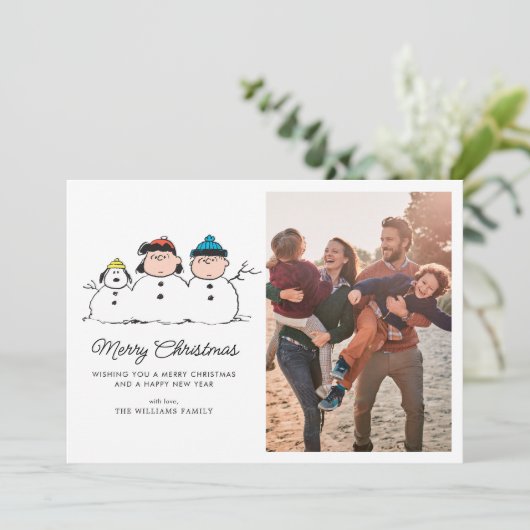 Peanuts | 3 persoons sneeuwman feestdagenkaart (Staand voorkant)