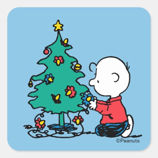 Peanuts | Charlie Brown Kerstlichtjes Vierkante Sticker (Voorkant)