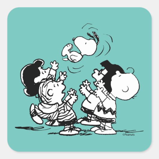 Peanuts Gang Lifting Snoopy Vierkante Sticker (Voorkant)