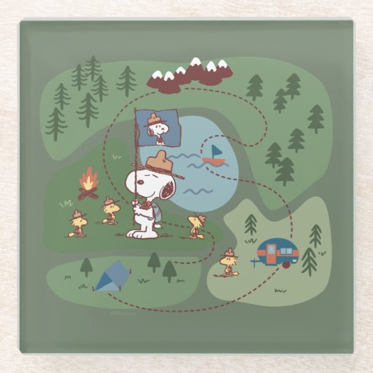 Peanuts | Genesteld in de bergen Camping Glazen Onderzetter (Voorkant)