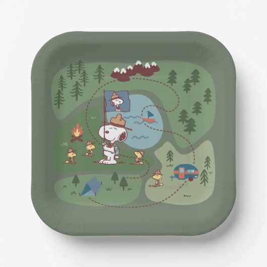 Peanuts | Genesteld in de bergen Camping Papieren Bordje (Voorkant)