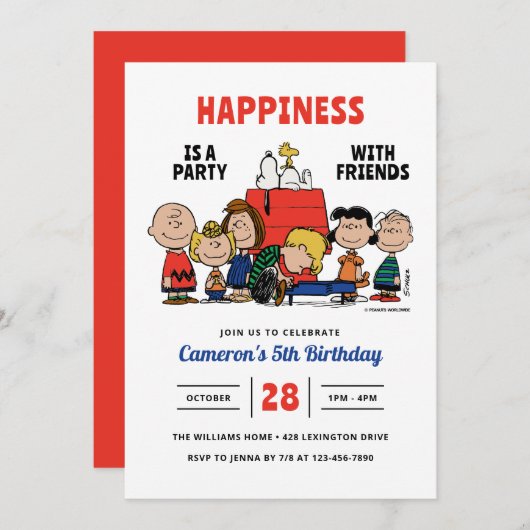 Peanuts Happiness Is A Party Birthday Kaart (Voorkant / Achterkant)