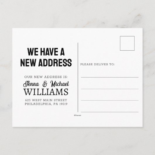 Peanuts | Houtvoorraad | We zijn verhuisd Briefkaart (Achterkant)