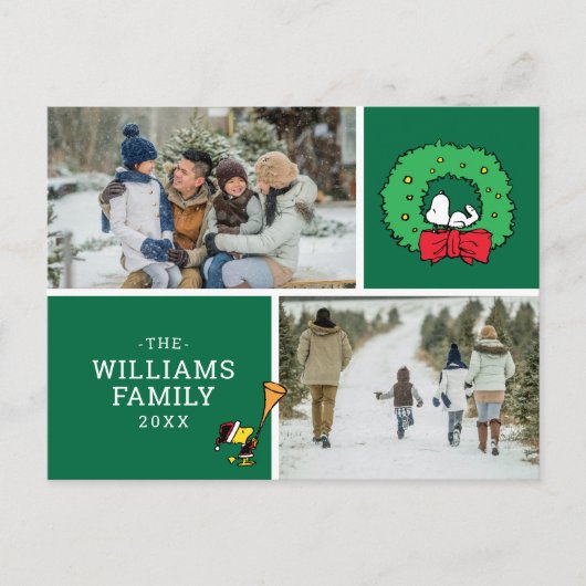 Peanuts Kerstmis Snoopy krans Familie Foto Feestdagenkaart (Voorkant)
